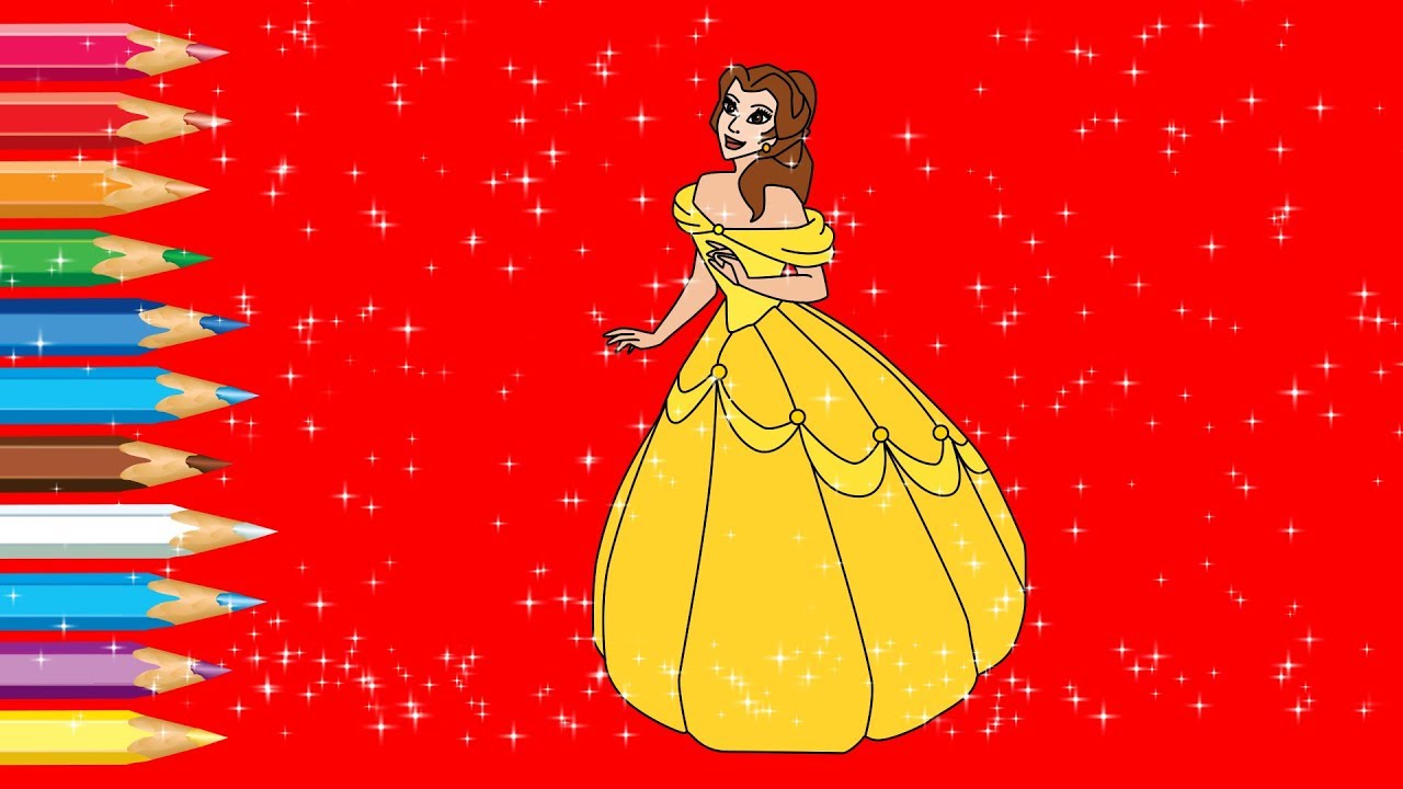 Disney Princess Bella (Belle Princess) Glitter Dress coloring and drawing for kids,coloring page