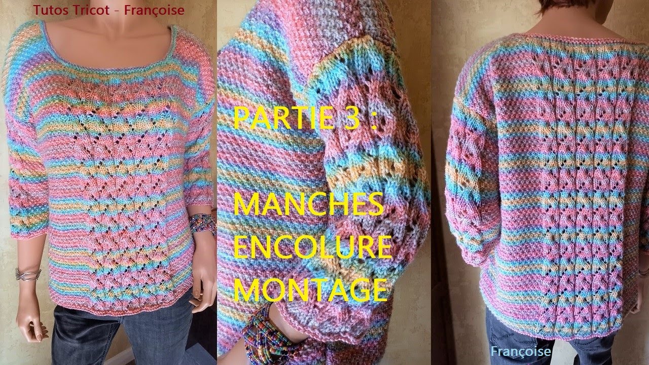 (3) Tuto Tricot Pull Femme au point ajouré et au point de Blé facile 34-36 à 50-52