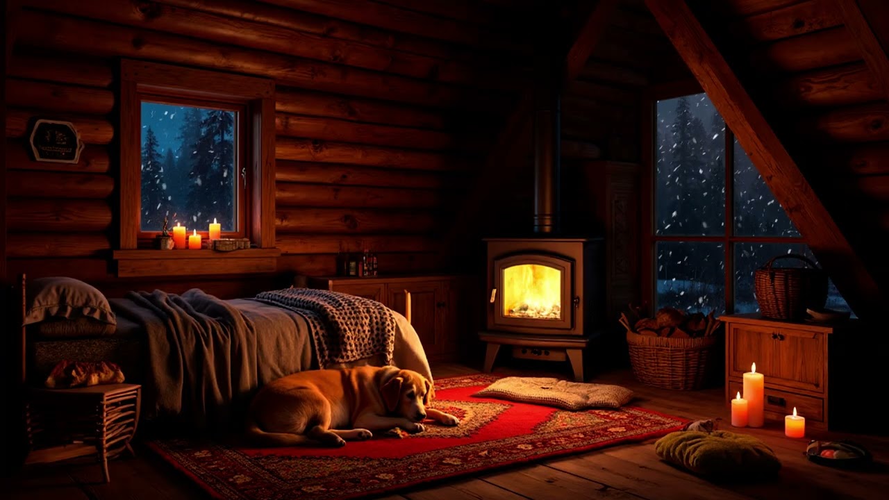 Attic Night Room Watched by Firelight and a Sleeping Pet | Still Shelter Ambience for Gentle Rest