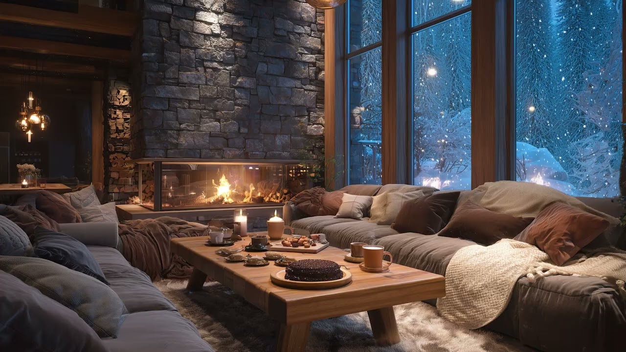 Peaceful Fireplace & Soft Jazz Music | Cozy Winter Night Ambience for Sleep and Relaxation