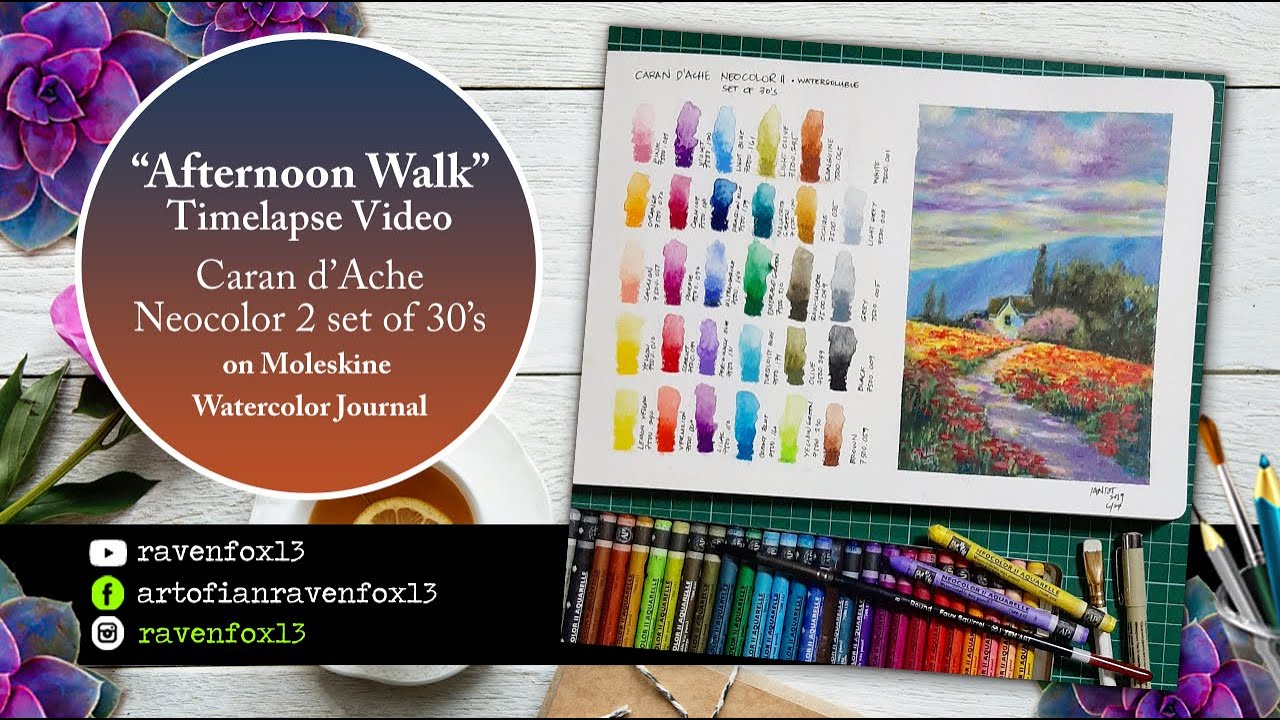 Landscape Painting with Neocolor 2 on Moleskine watercolor journal