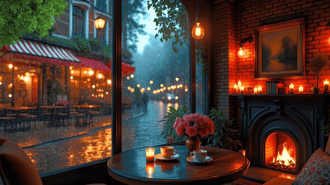 Peaceful Rainy Window Café ☕ Gentle  Spring Jazz Piano & Fireplace Sounds for Study