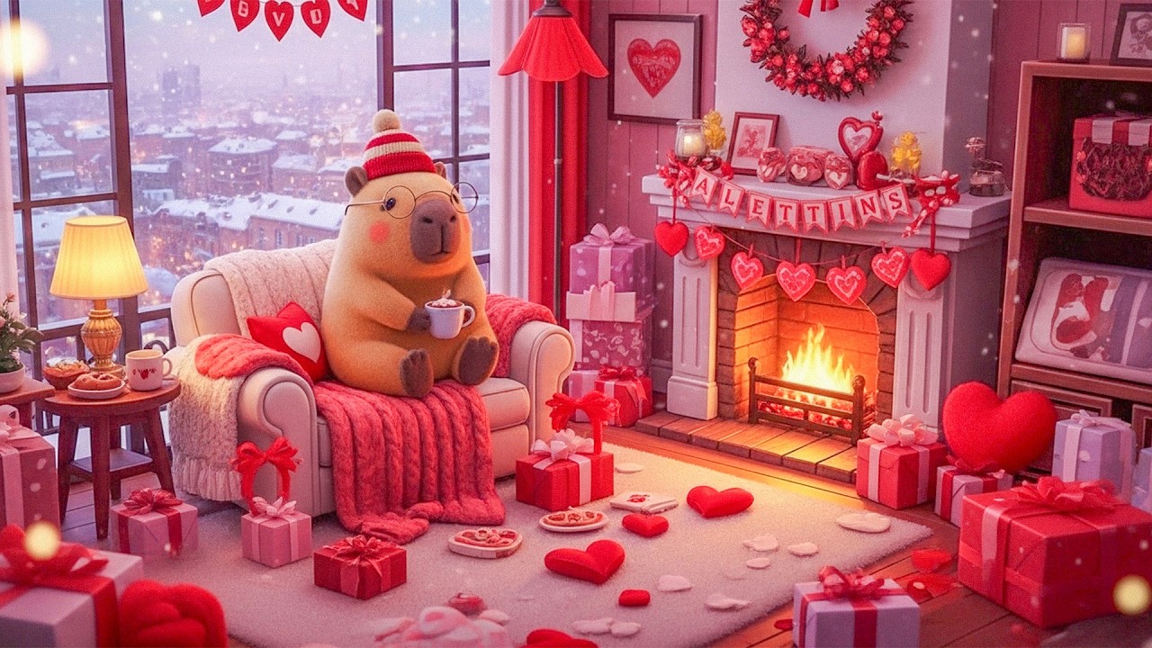 Capybara's Romantic Valentine 💖Cozy Fireplace & Winter Jazz Lofi