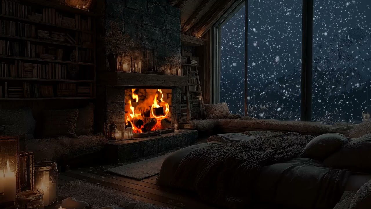 (No Ads) Winter Wind Through the Darkness with Fireplace Sounds | Night Ambience