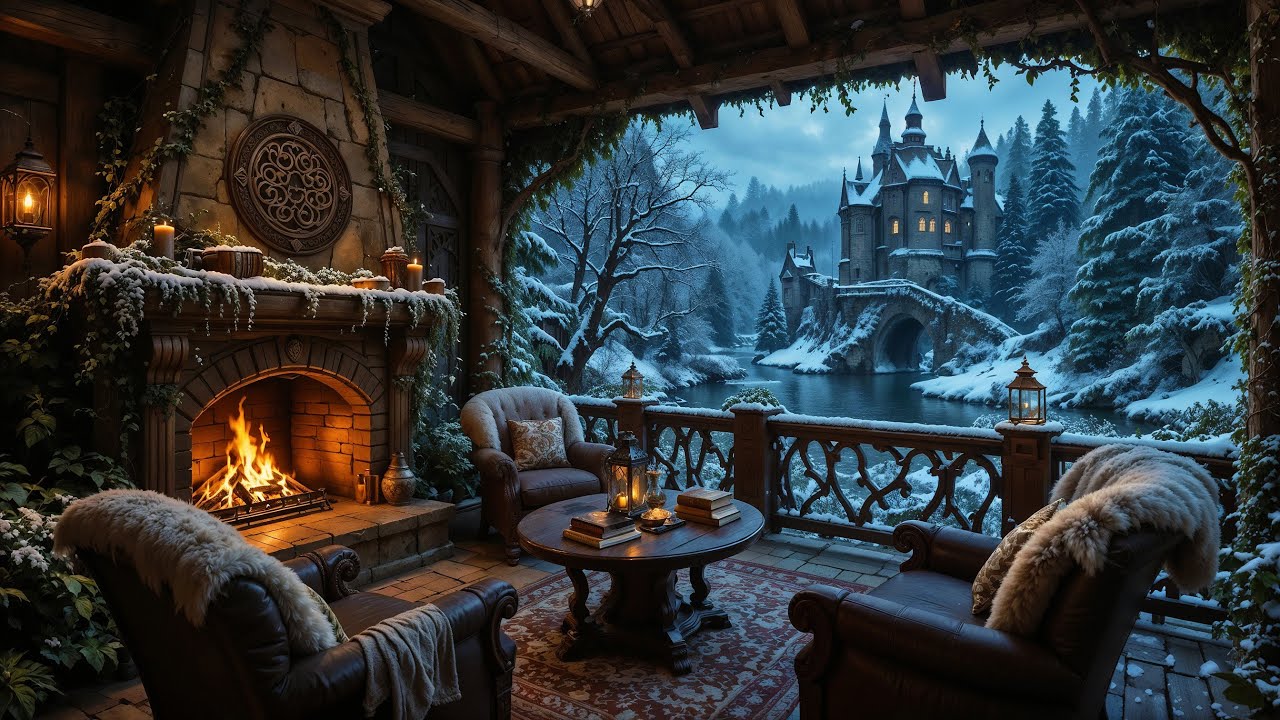Cozy Snowy Terrace Overlooking Gothic Castle ❄️🏰 Celtic Music & Fireplace Sounds for Deep Relaxation