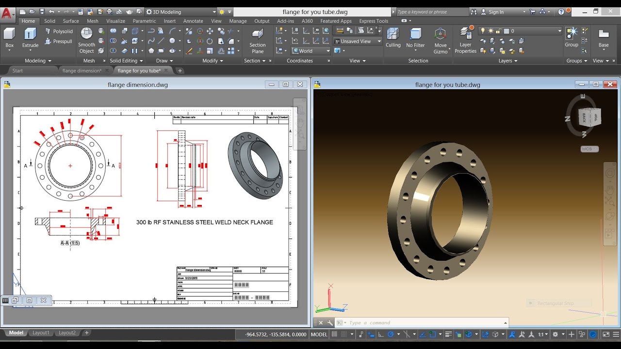 300 lb RF Weld Neck Flange ✦ Autocad ✦ for Piping
