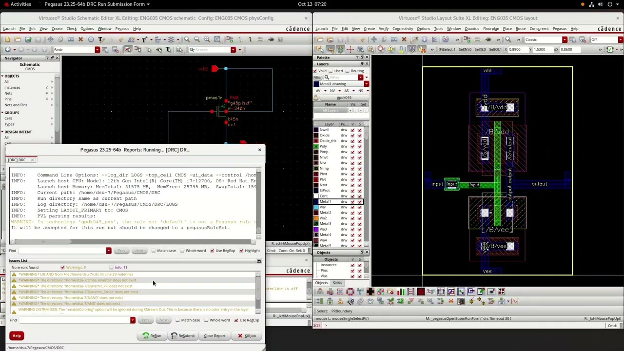 CMOS Inverter Layout Design with DRC and LVS using Pegasus in Cadence Virtuoso IC 23 (gpdk045)