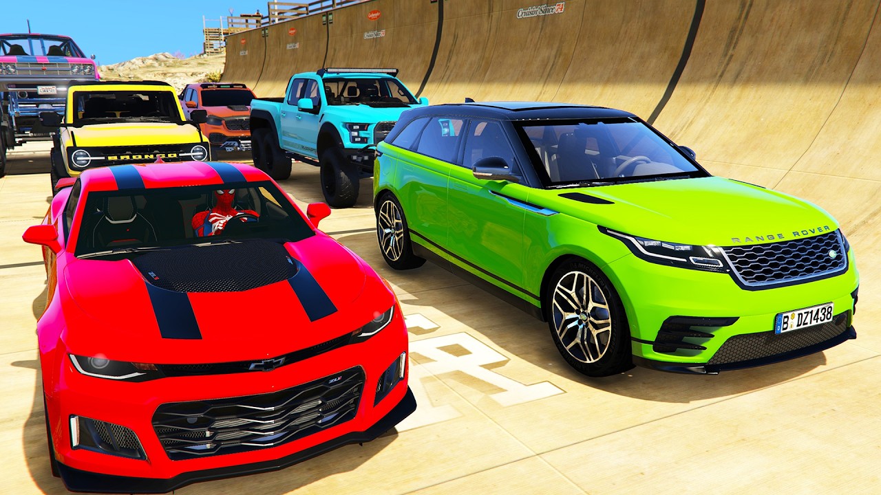 GTA V Superheroes SPIDERMAN Color BLOCKS Race Challenge with Super Cars | GTA 5 Hulk Car Stunt Race