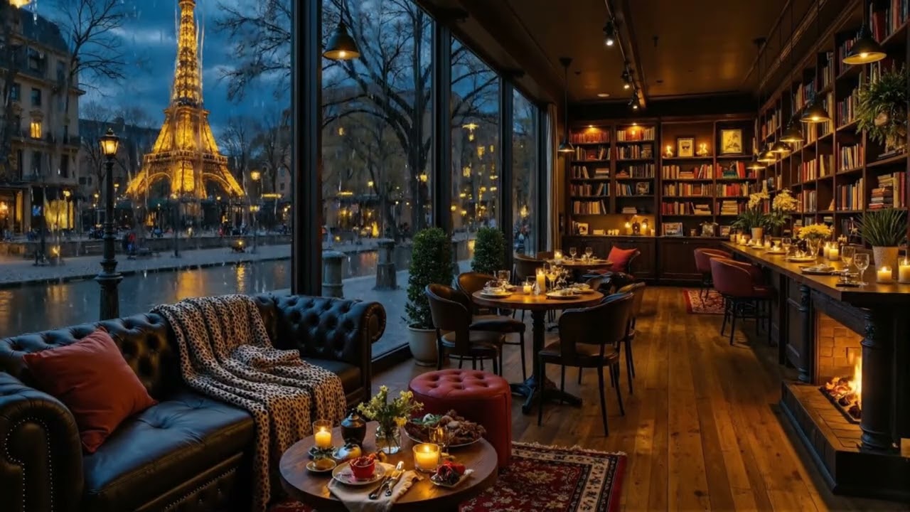 Cozy Winter Cafe Ambience in Paris ☕ Relaxing Jazz Music & Gentle Rain for Calm, Stress Relief