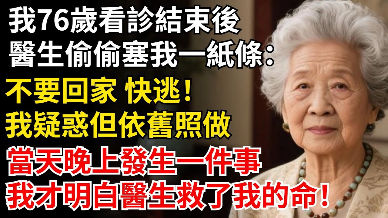 我76歲看診結束後，醫生偷偷塞我一紙條：不要回家 快逃！我疑惑但依舊照做，當天晚上發生一件事，我才明白醫生救了我的命！#晚年生活#中老年生活#為人處世#生活經驗#情感故事#幸福人生#上了年紀該明白的事