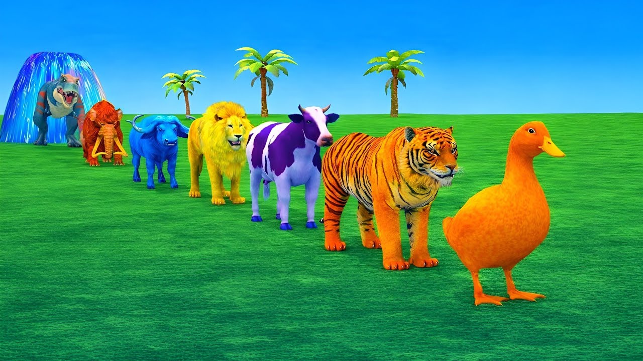 Long Slide Game With Cow Elephant Gorilla Hippopotamus Tiger - 3d Animal Game - Funny 3d Animals