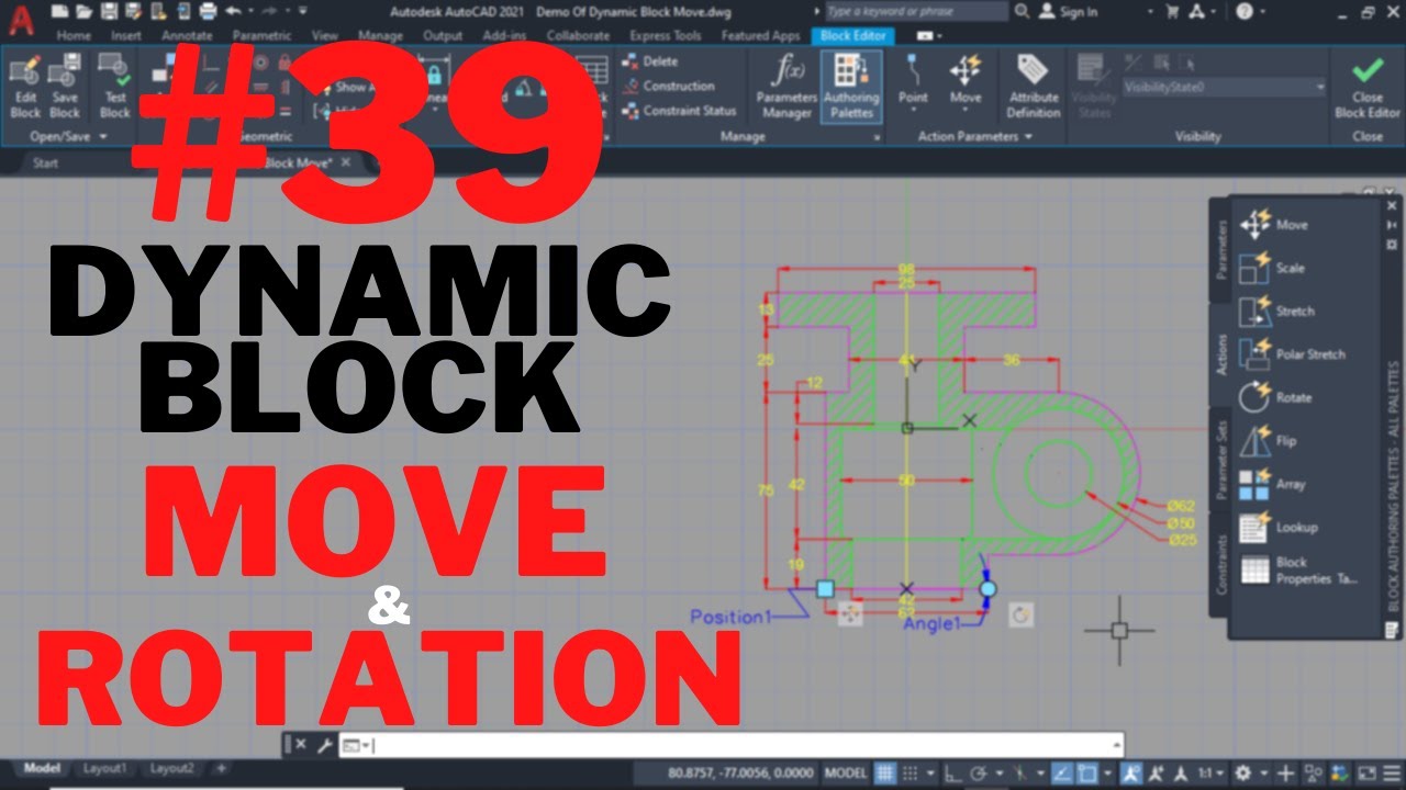 AutoCAD Dynamic Block Move and Rotate Action ||  Dynamic Block Rotation Parameter || Move Parameter