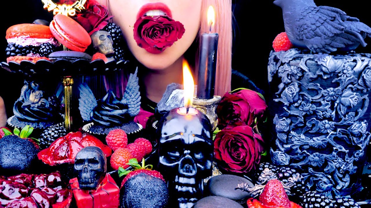ASMR GOTHIC HIGH TEA | Macarons, Cake, Chocolate, Roses  | Eating Sounds