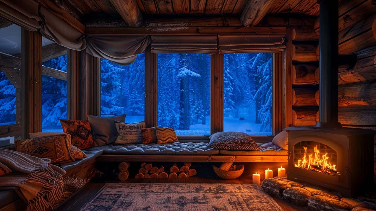 Peaceful Winter Night Cabin ❄️ Fireplace Crackling & Blizzard Sounds for Relaxing Sleep