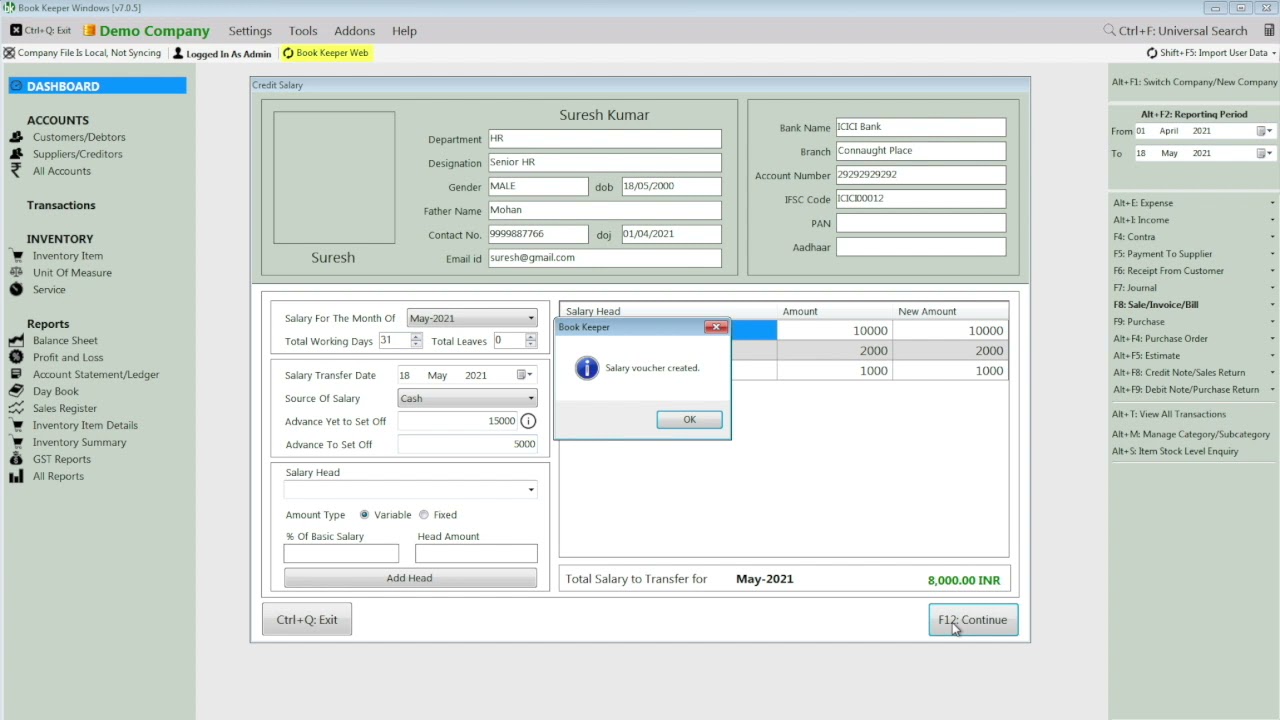 Advance Salary Feature in Payroll in Book Keeper Windows [English]