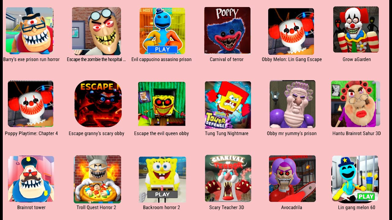 Roblox,Grimace Monster Scary Survival,Poppy Playtime 4,Granny,Scary Teacher 3D,Super Mario Run...!