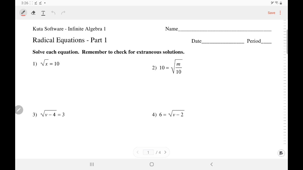Kuta Software - Algebra 1: Solving Radical Equations (part 1) | IngWan Steiner
