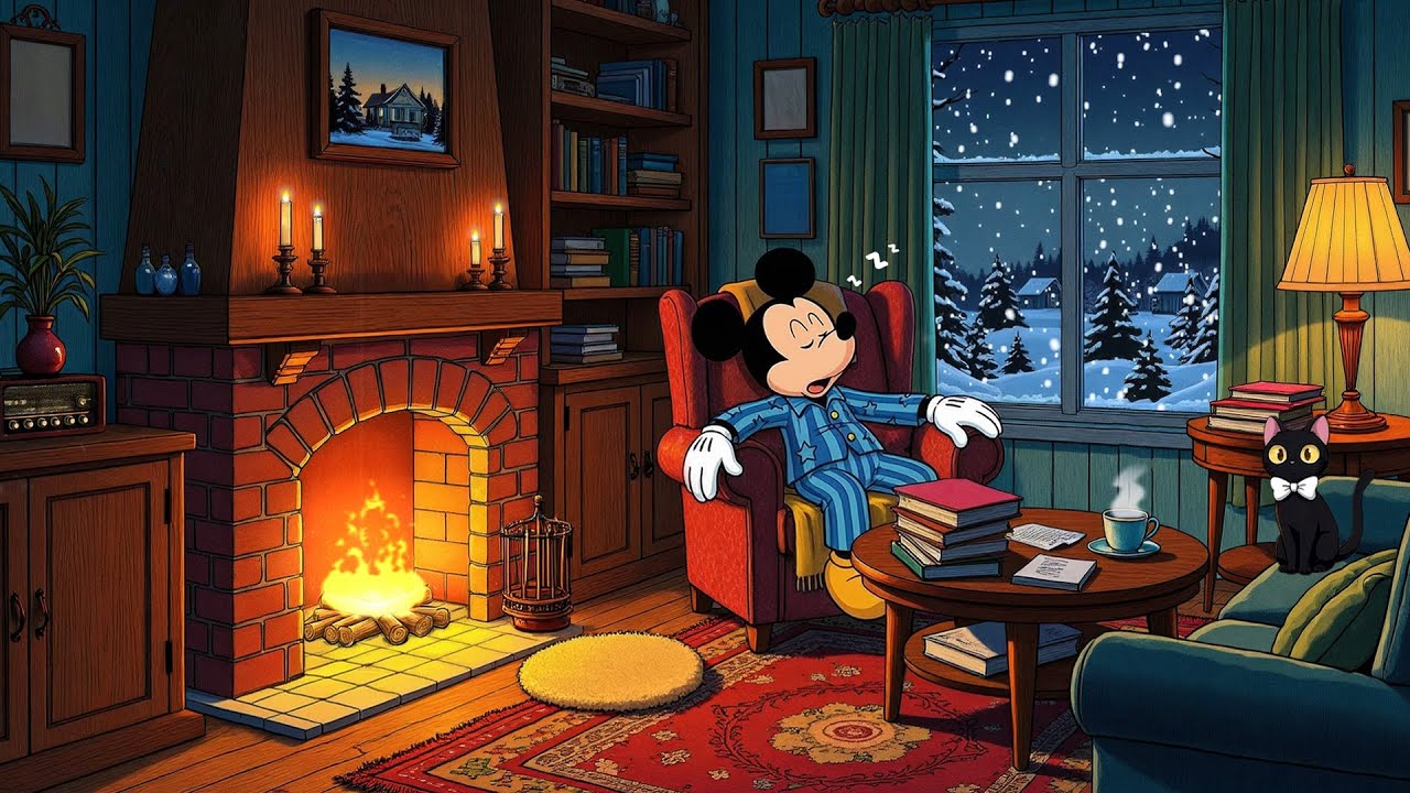 you're listening to Vintage Music in a Cozy Snowy Night 1940s on a Room Cottage(Crackling Fireplace)