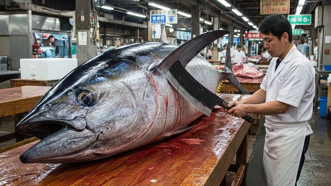 Perfect giant bluefin tuna cut with specialized knife