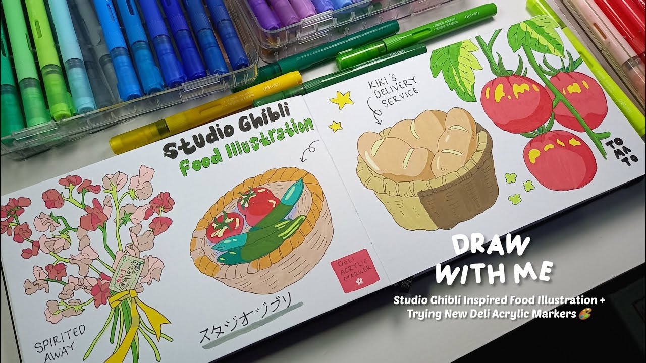 cozy draw with me | studio ghibli inspired food illustration + trying new deli acrylic markers 🎨