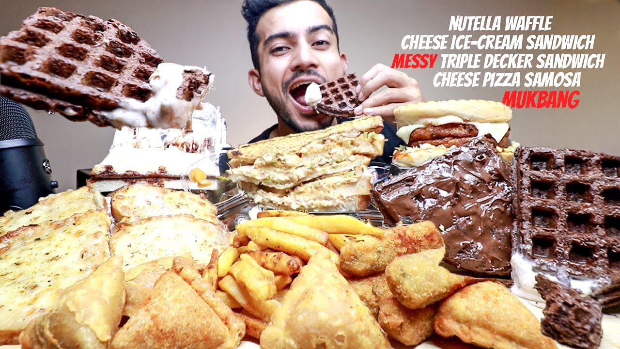 Cheese Choco Ice Cream Sandwich, Nutella Waffle, Cheese Pizza Samosa, Triple Decker Sandwich MUKBANG