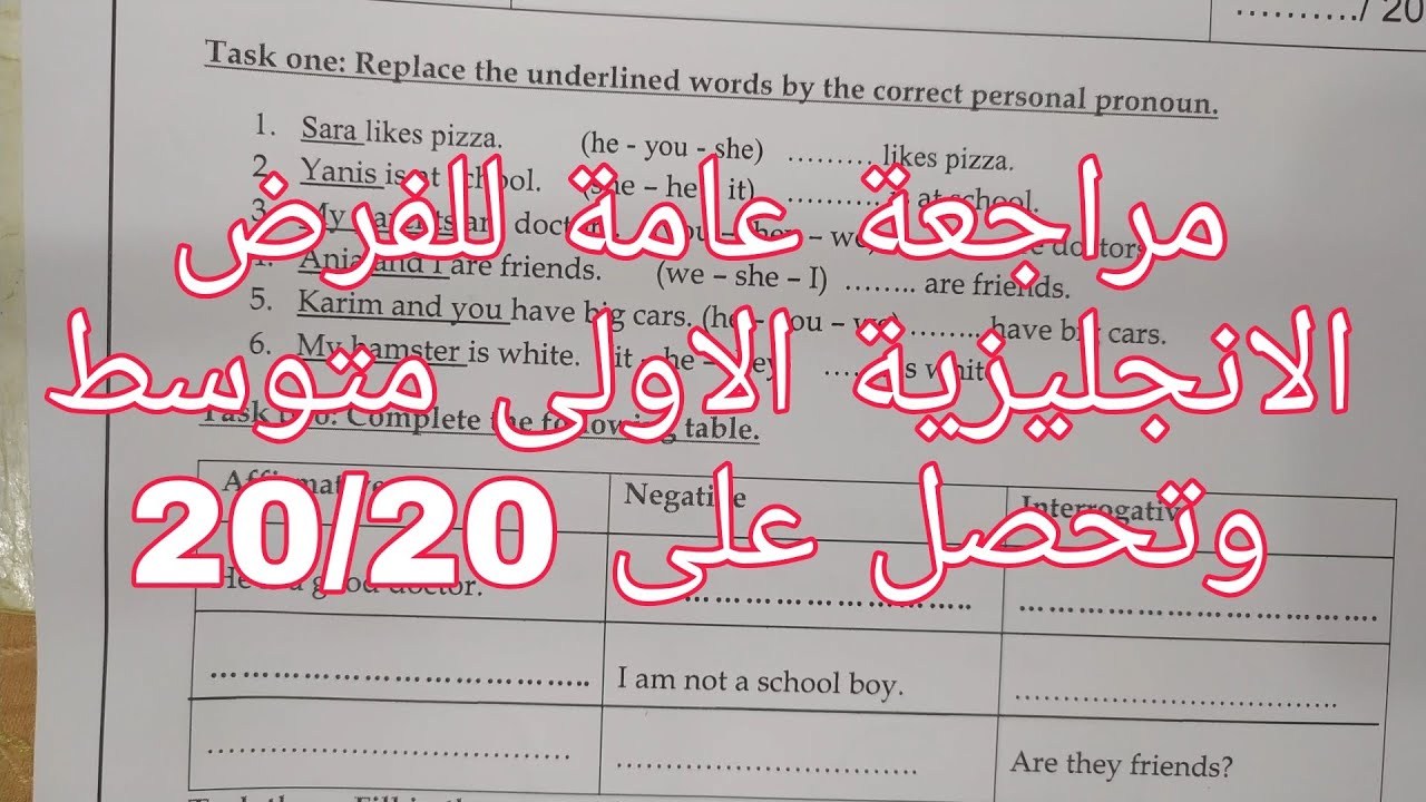فرض ومراجعة للانجليزية الاولى متوسط الفصل الثاني