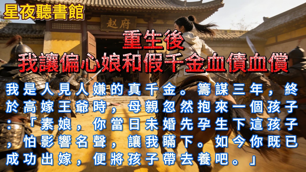 《重生後，我讓偏心娘和假千金血債血償》我是人見人嫌的真千金。籌謀三年，終於高嫁王爺時，母親忽然抱來一個孩子：「素娘，你當日未婚先孕生下這孩子，怕影響名聲，讓我瞞下。」#爽文#一口氣看完#小說推文