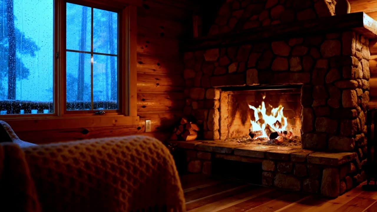Rain & Cozy Fireplace in a Cabin for Deep Sleep  Relaxing Rain Sounds, Sleep, Study, Stress Relief