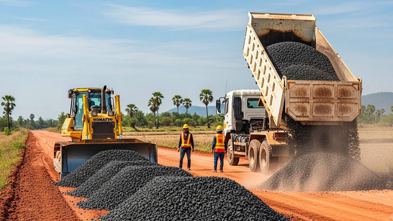 Dump Truck and Bulldozer Building a New Rural Road Gravel Unloading and Leveling in Open Countryside