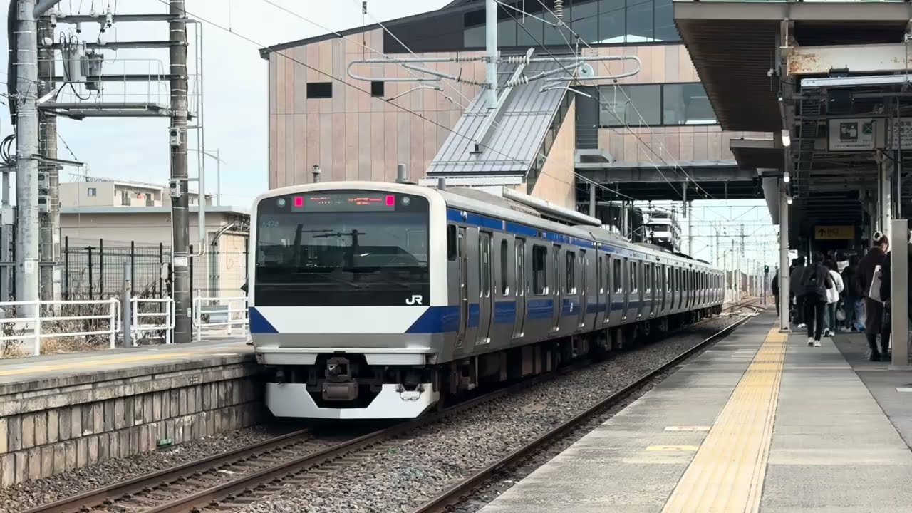 E531系0番台K478編成が内原駅を入線、発車するシーン