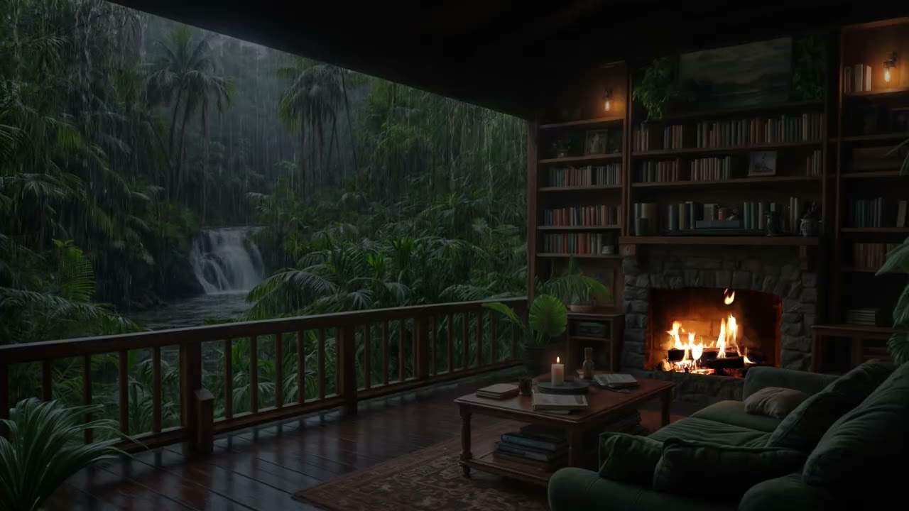 Cozy Cabin Overlooking Rainforest Waterfall with Fireplace Warmth and Gentle Rain Ambience 🌧️🔥