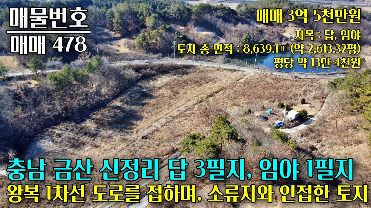 충남 금산군 신정리 토지 2,613평 매매, 2차선 도로를 접하며 소류지와 인접, 평탄화 및 배수로 조성이 잘 되어있습니다 충남 부동산 - 이태호 공인중개사