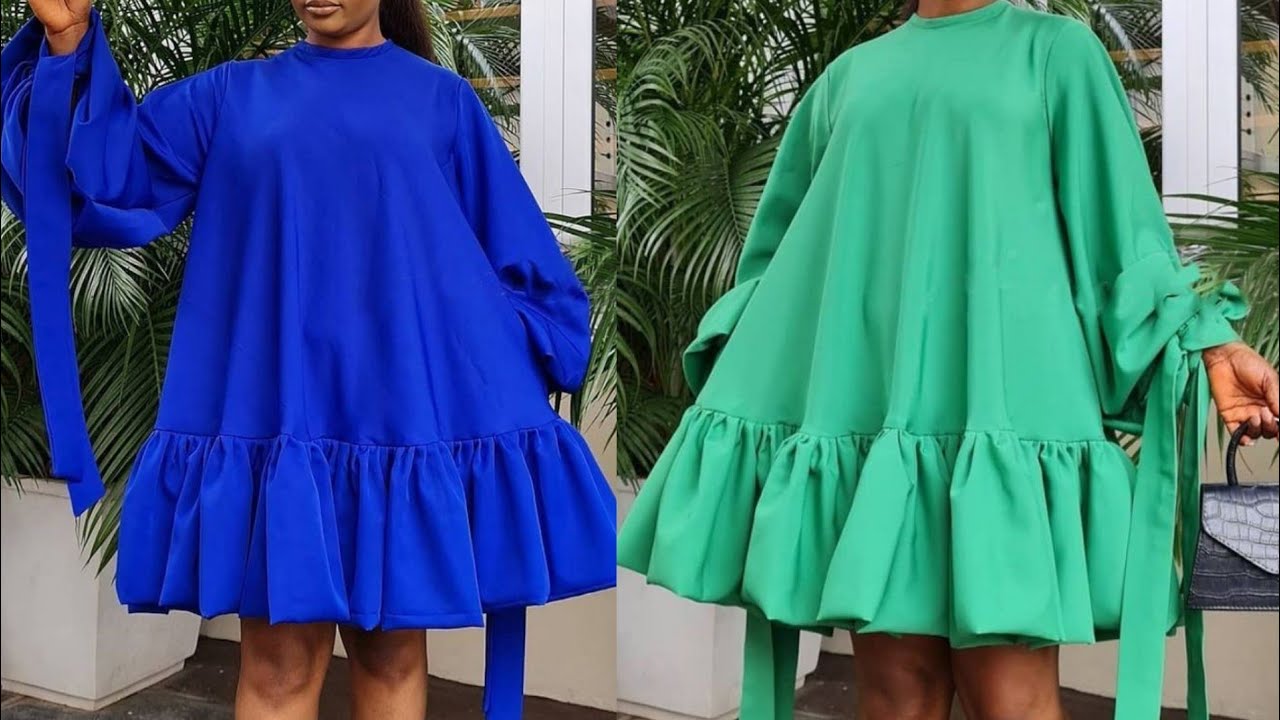 DIY FLARED DRESS WITH A BALLOON GATHERS HEM. CUTTING AND STITCHING.