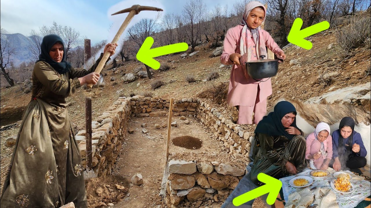 Отважная мать в горах; простой столик под каменной крышей.