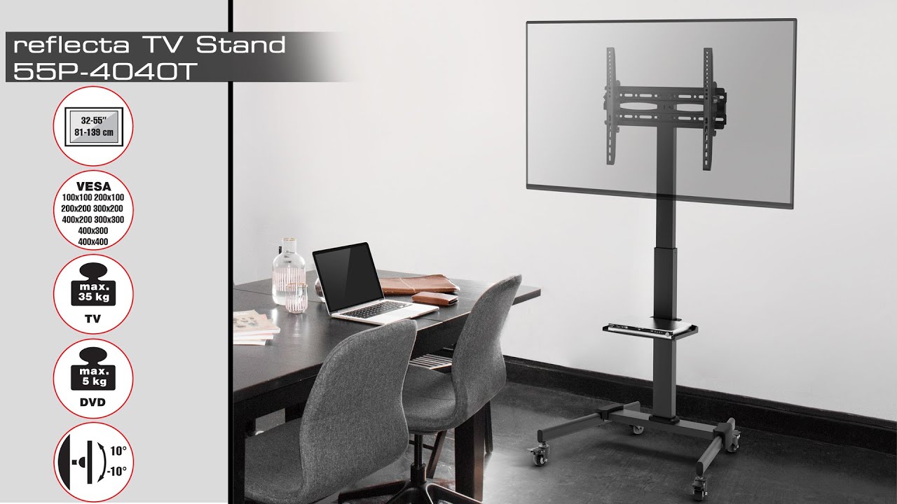 reflecta TV Stand 55P-4040T Kompakter höhenverstellbarer TV-Wagen aus Stahl (102–132 cm) 23246 Video