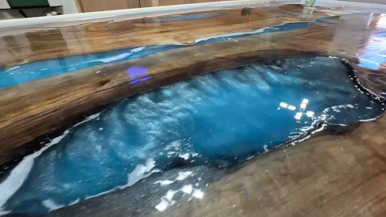 English Walnut Dining table  Aqua blue metallic resin