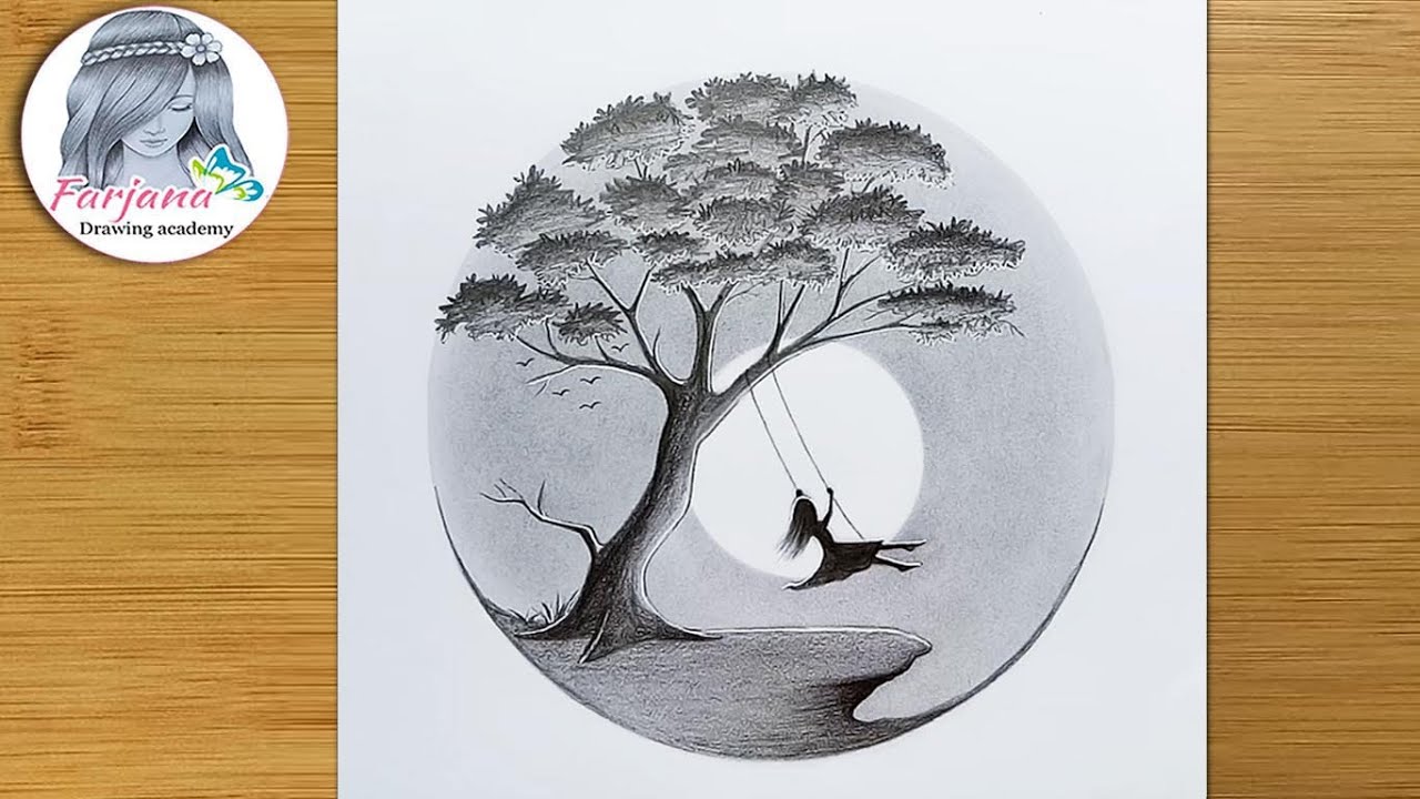 A girl swinging in a tree - Pencil sketch for beginners || Alone girl -Step by step drawing tutorial