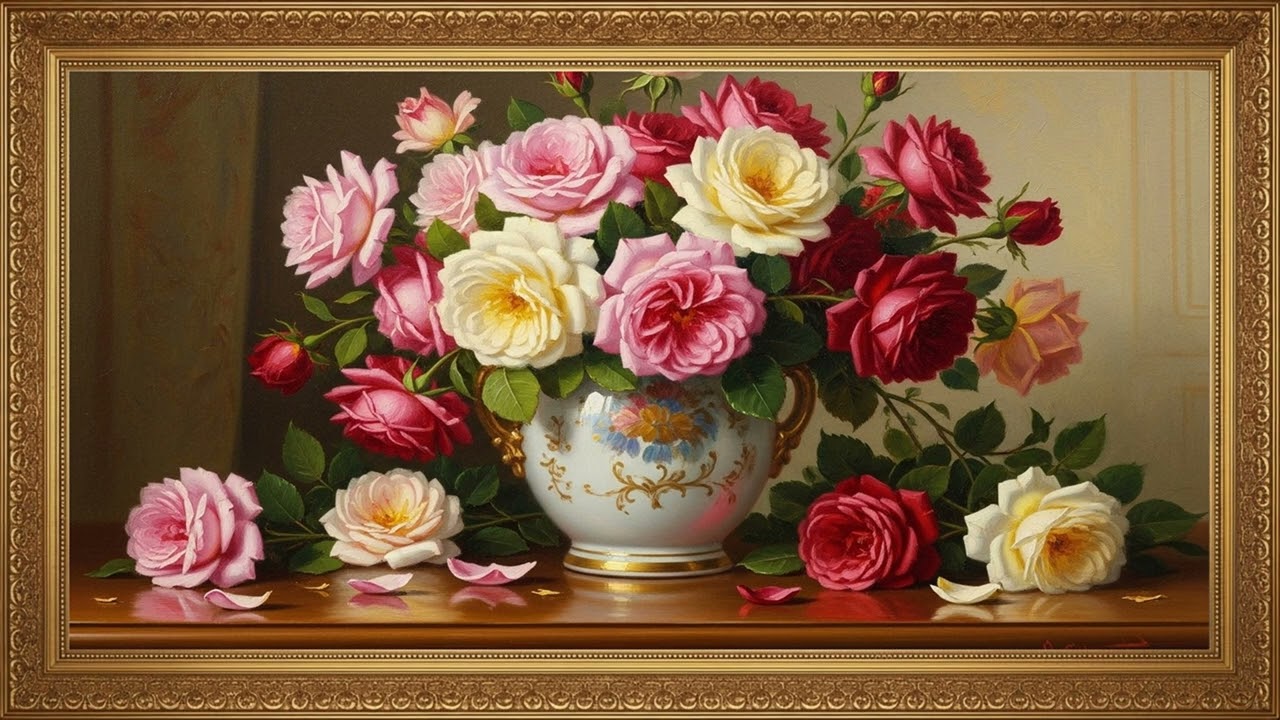 Soft Rose Blossom Painting | Elegant Interior Art Screen