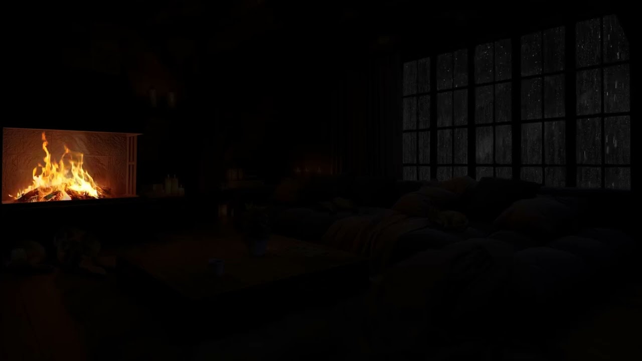 Refúgio noturno durante tempestades: Sala acolhedora com lareira e sons relaxantes de chuva.