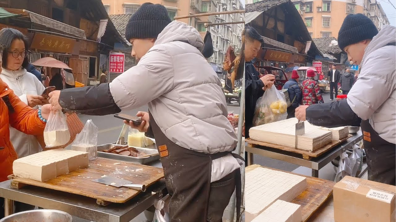 The stall sells tofu, which is freshly made and sold on January 27st.