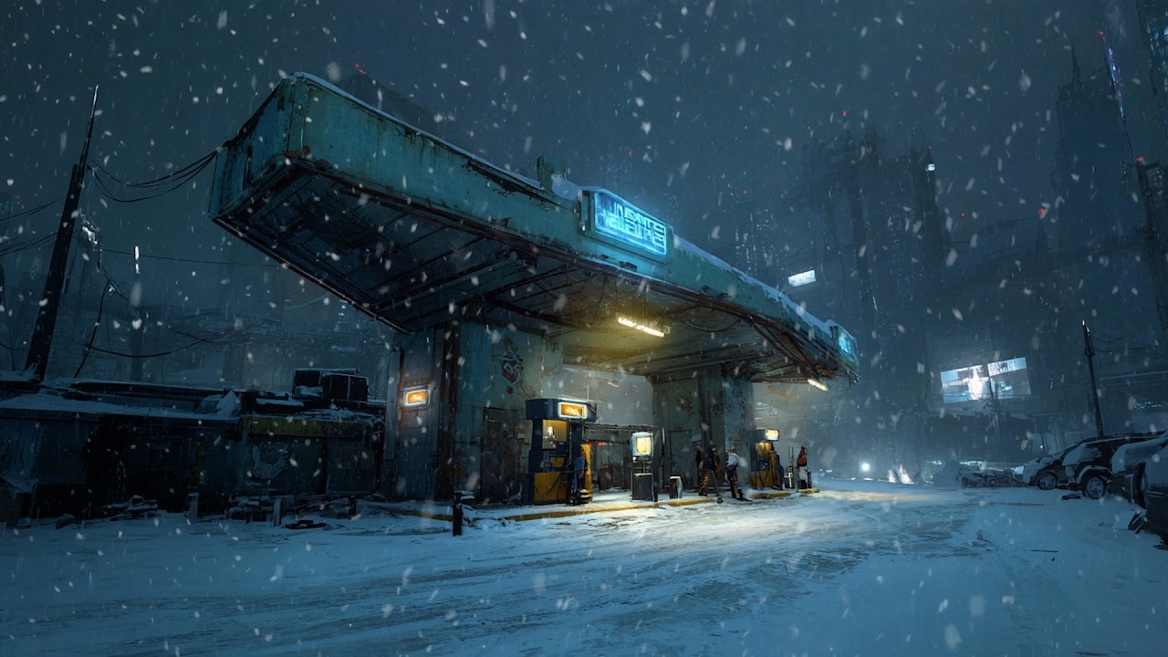 Cyberpunk Gas Station Ambience ❄️ Heavy Blizzard Sounds for Sleep & Study, No Music