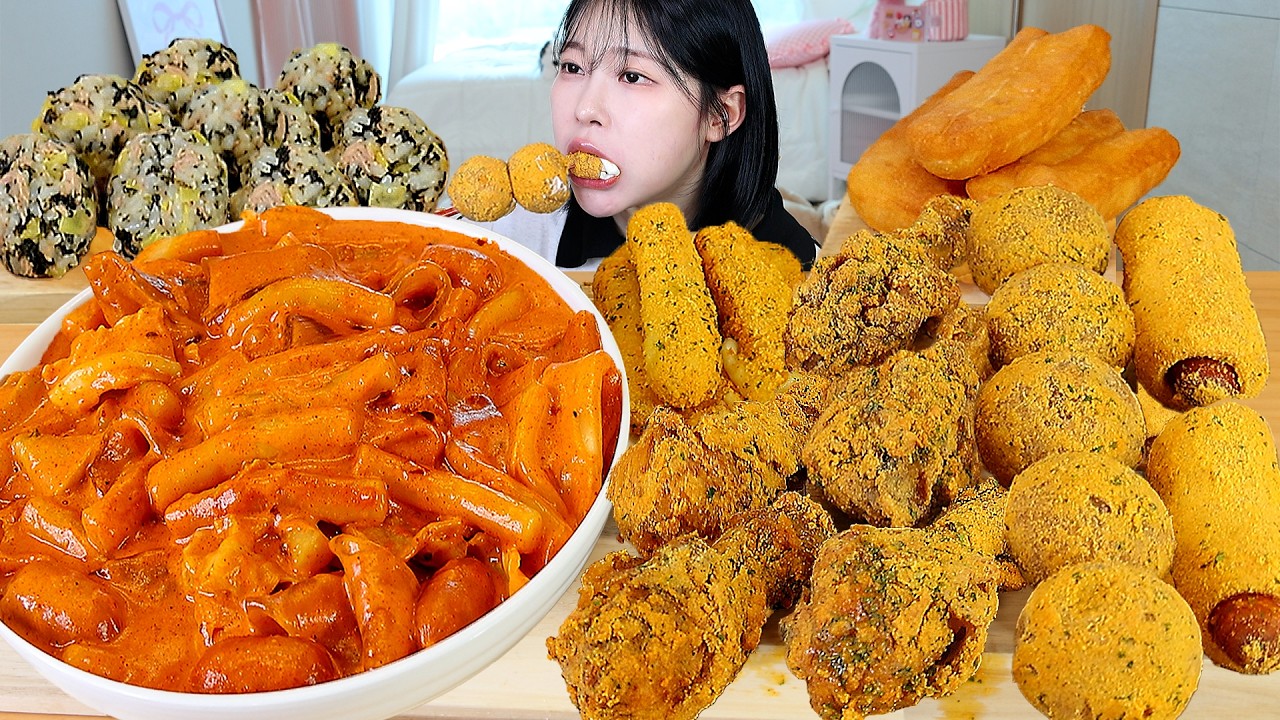 ASMR MUKBANG | Мала розе ттокпокки, курица Ббуринкл, сырные шарики, хот-доги, ютяо, рисовые шарики