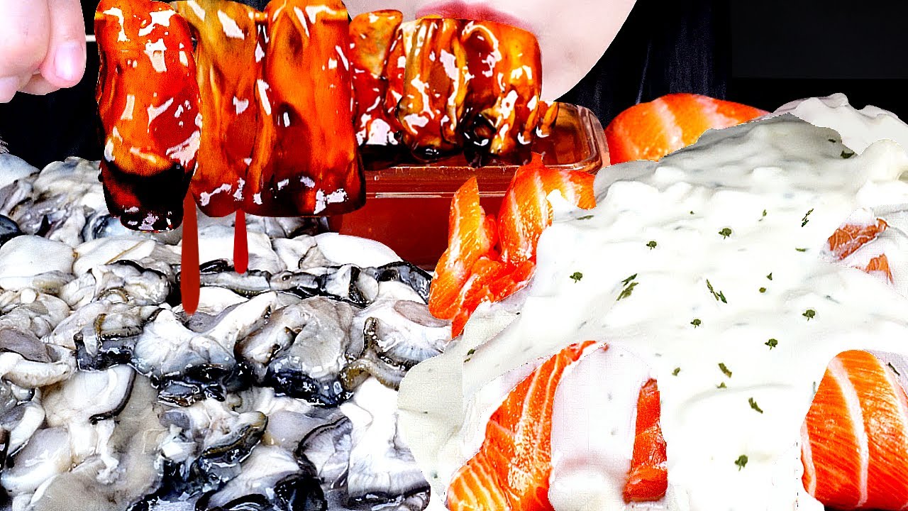 ASMR SALMON SASHIMI, GIANT SALMON SUSHI, RAW OYSTER,/굴 먹방, 연어회 먹방, 연어초밥 먹방, 생굴, 석화 먹방 MUKBANG