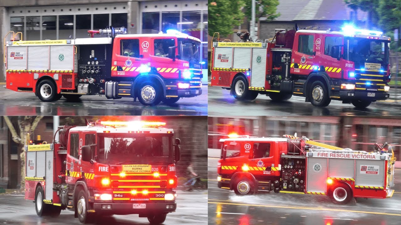 FRV Ultra Large 42, Pumper 13, Pumper 25A Responding in Melbourne CBD to FIP's due to Storm