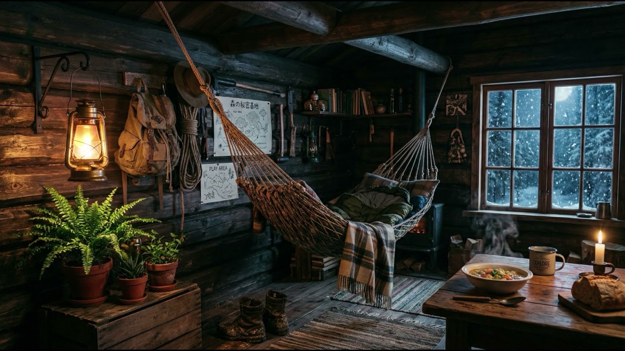 Deep Sleep Cabin Still Night – Warm Lantern Glow, Moonlit Snow & Peaceful Winter Calm