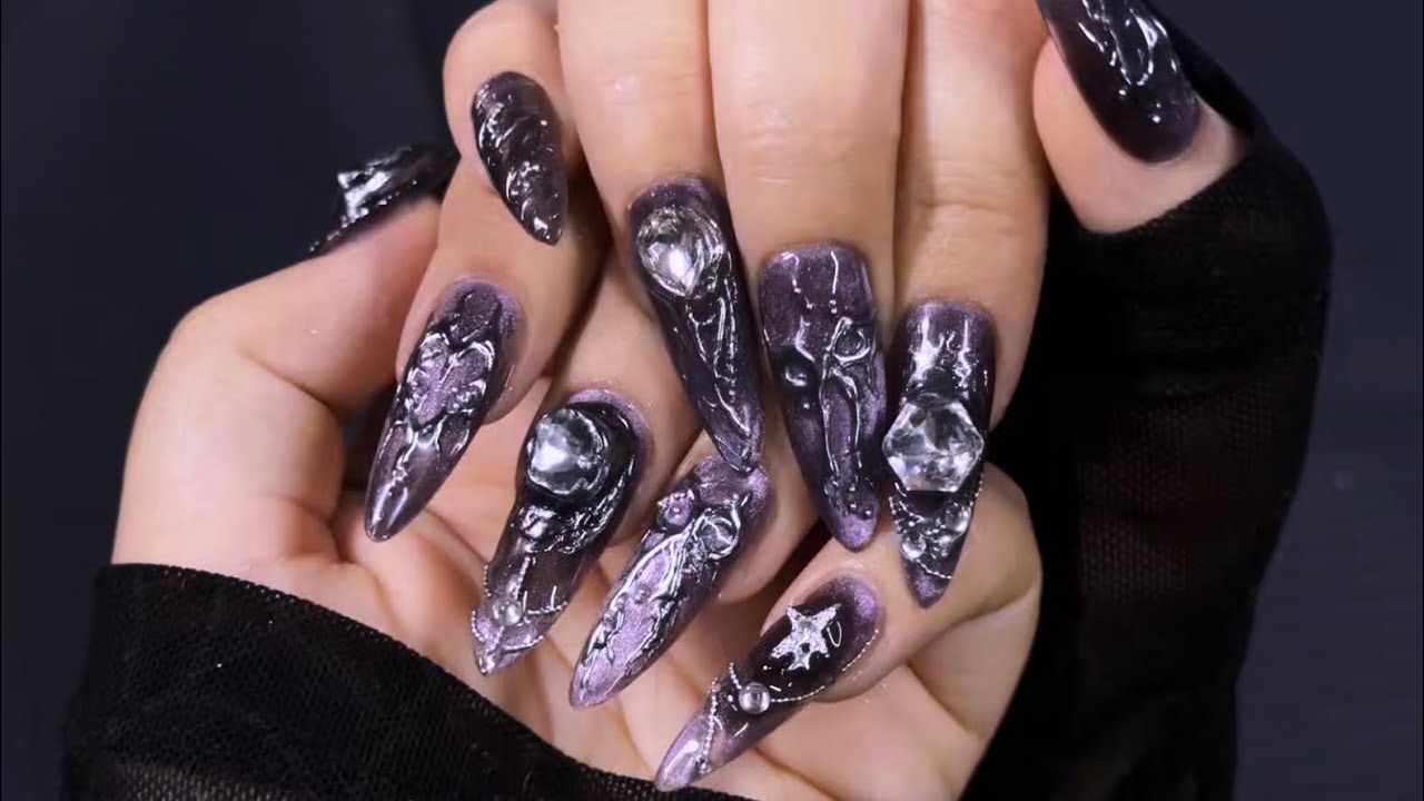 Dark Gothic 3D Chrome Nails | Obsidian Relic Set | Nail Art asmr