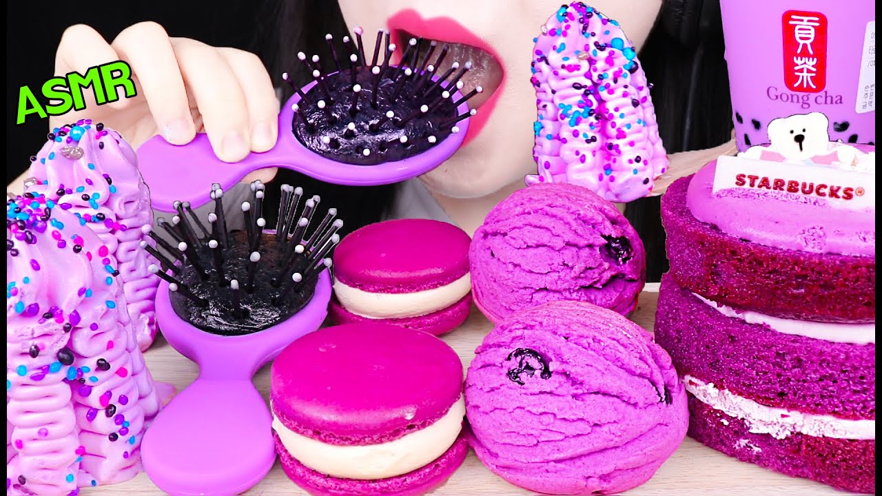 ASMR PURPLE GALAXY ICE CREAM, EDIBLE HAIR BRUSH, TARO MILK TEA 갤럭시 아이스크림, 먹는 빗 먹방 EATING SOUNDS