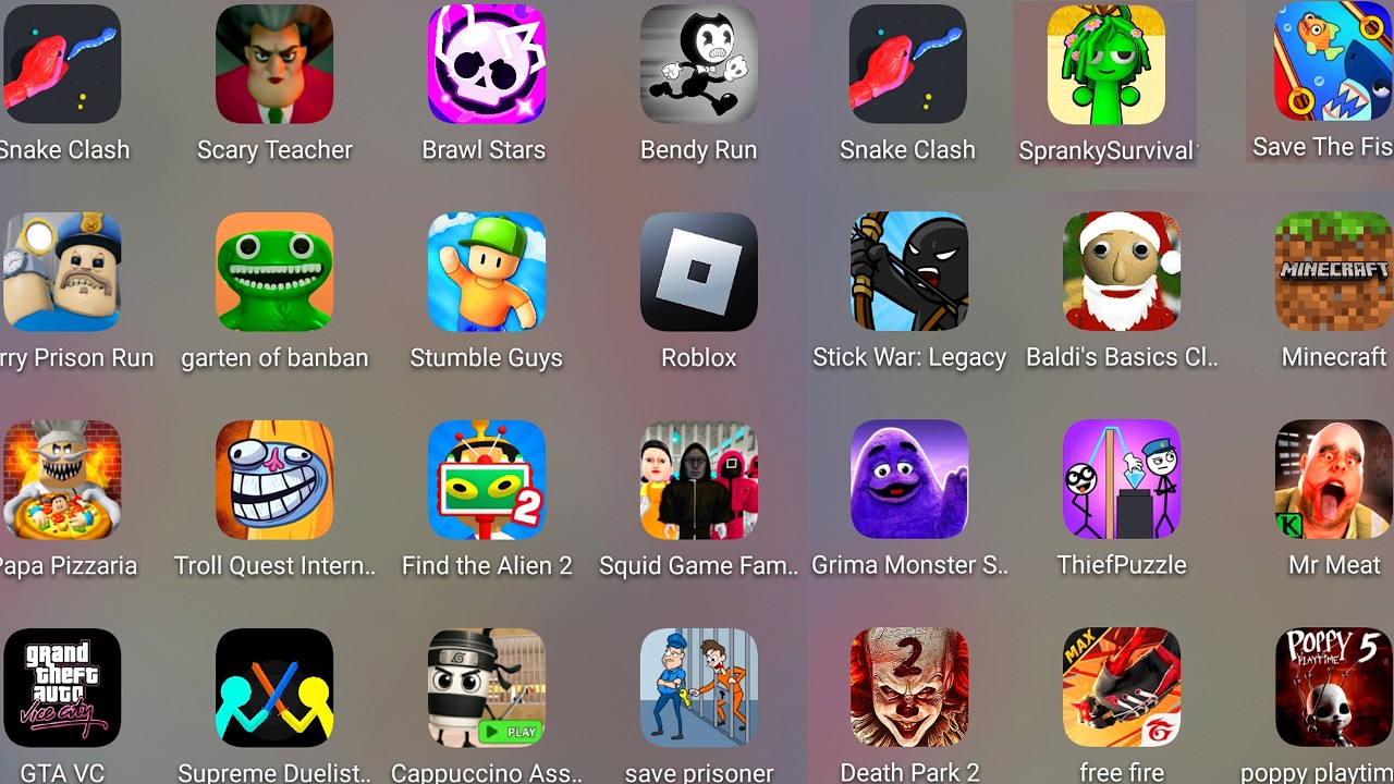 Grimace Monster Scary Survival,Poppy Playtime Chapter 5,Death Park 2,Free Fire,Garten Of Banban.....