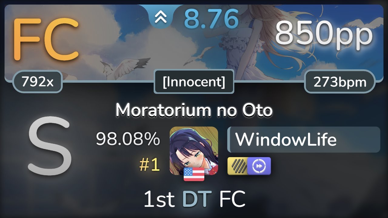 8.8⭐ WindowLife | Shinonome Natsuhi - Moratorium no Oto [Innocent] +HDDT 98.08% (#1 850pp FC) - osu!
