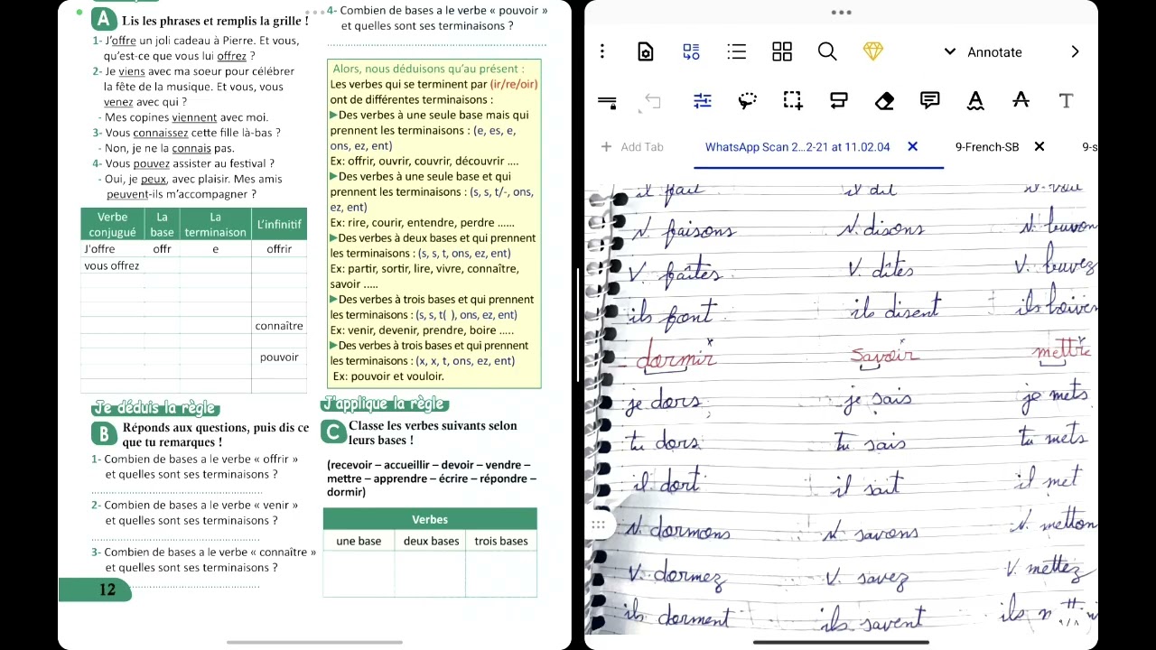 Le présent des verbes à trois bases. الجزء الثاني درس الحاضر للصف التاسع